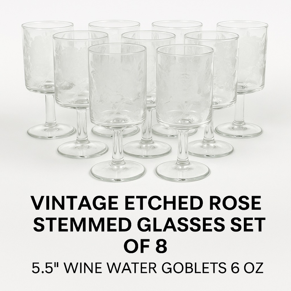 Vintage Etched Rose Stemmed Glasses – Set of 8 – 5.5” Goblets